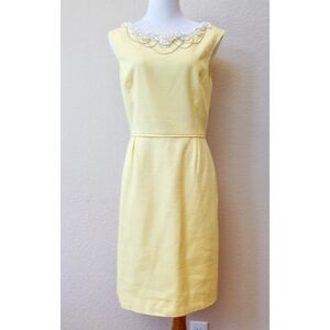 Antonio Melani butter yellow beaded and chain detail neckline shift dress
